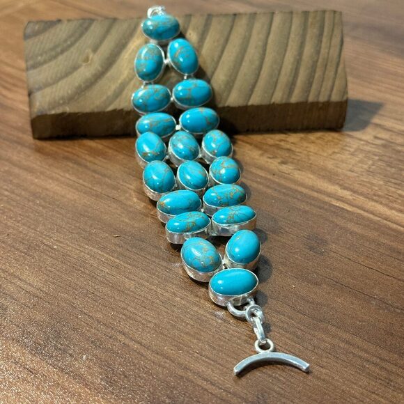 Blue Copper Dahlia Turquoise Gemstone Sterling Bracelet - Picture 5 of 10